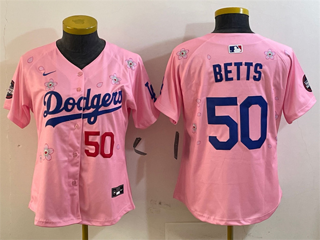 Youth Los Angeles Dodgers #50 Mookie Betts Pink 2025 Tokyo Series Limited Stitched Baseball Jersey Youth Los Angeles Dodgers #50 Mookie Betts Pink 2025 Tokyo Series Limited Stitched Baseball Jersey